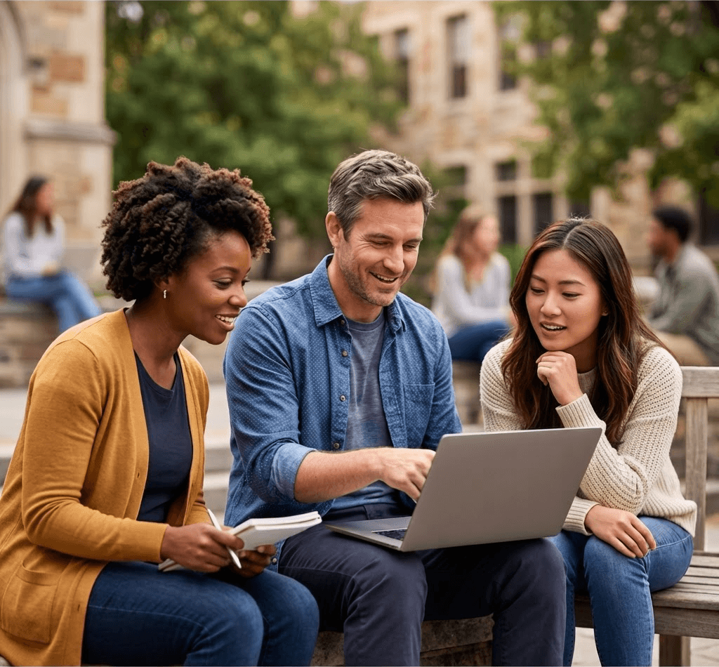 Three students studying together with a laptop