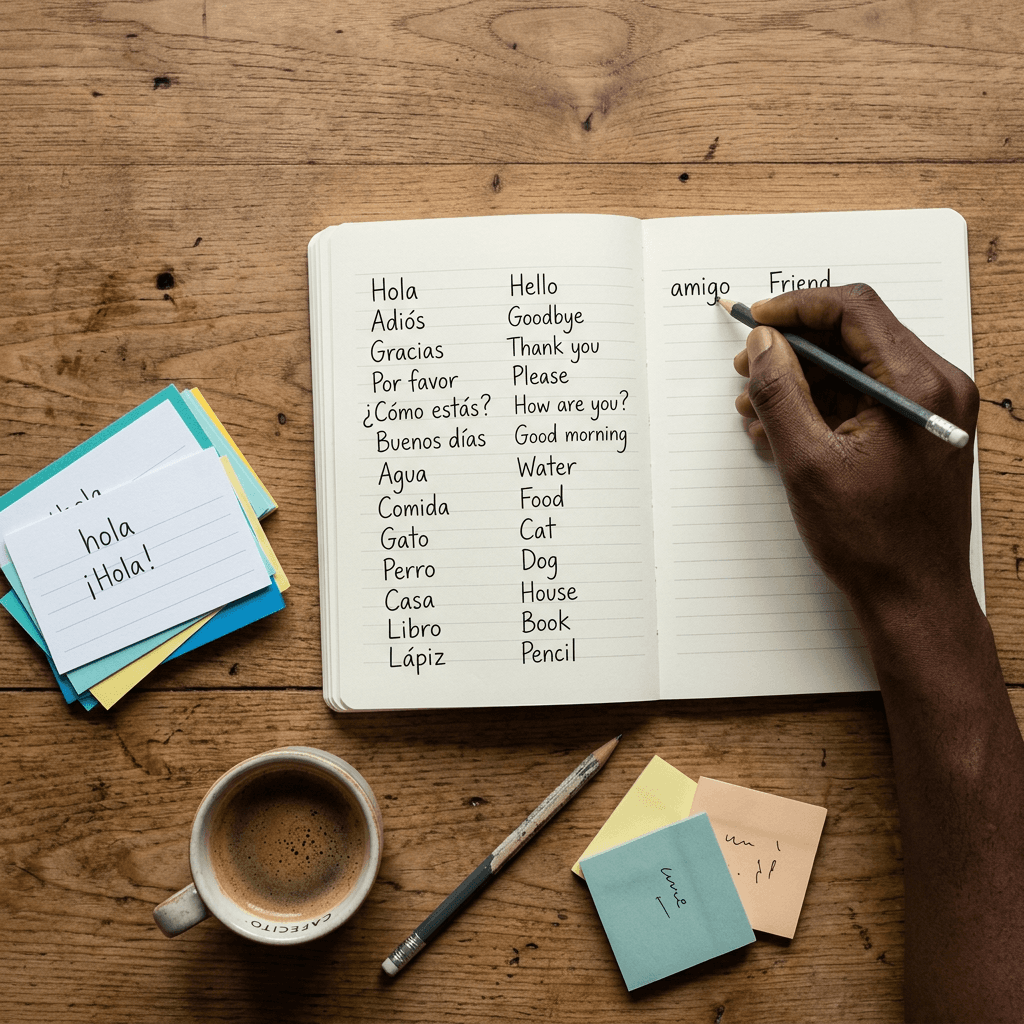 A notebook of Spanish words with their English translations