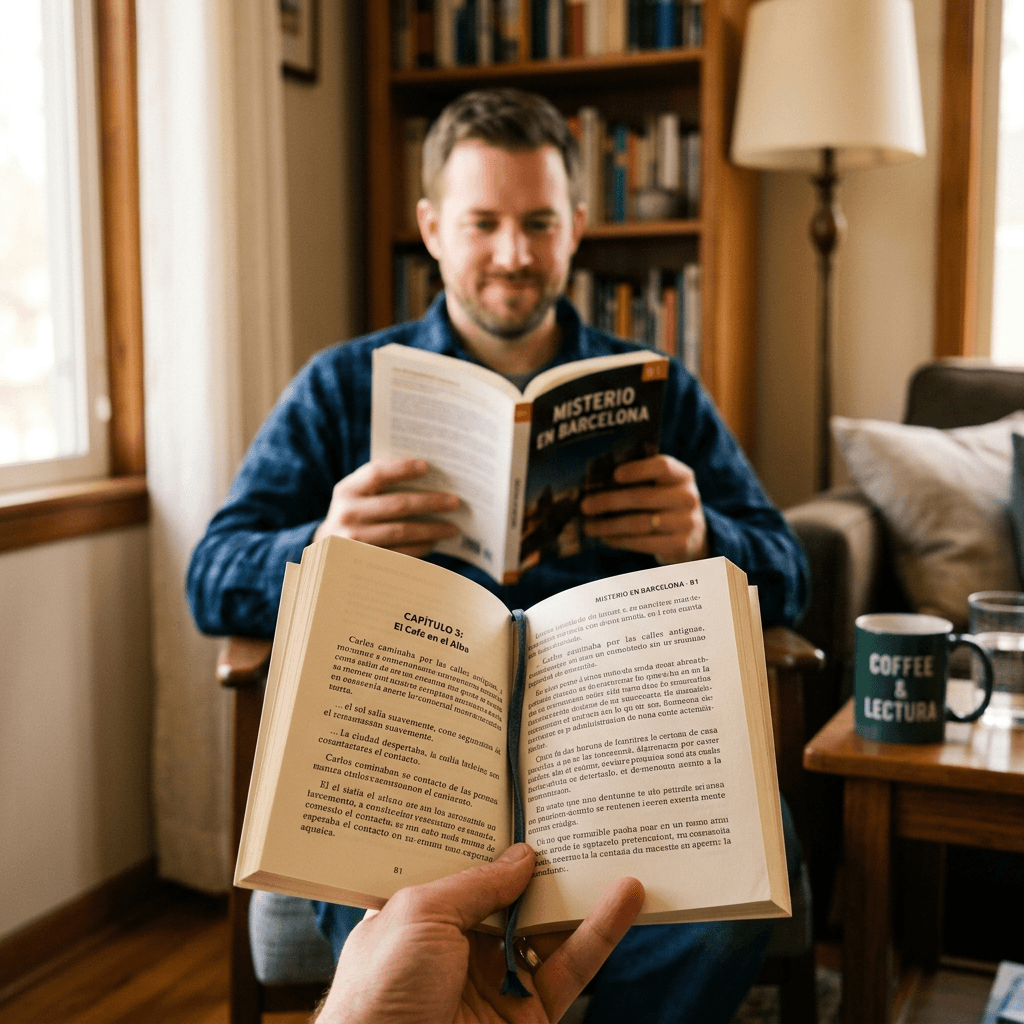 Someone reading a book beside a bookshelf