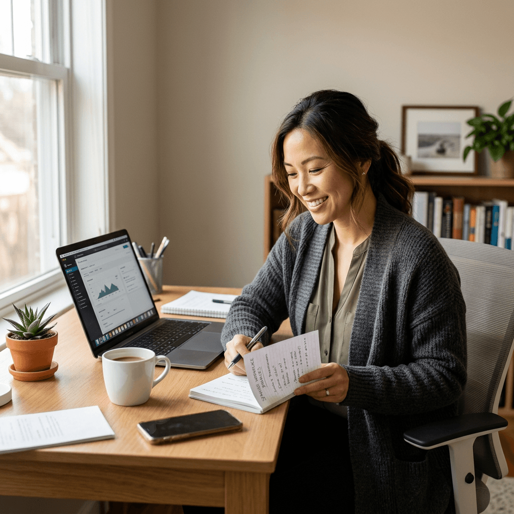 Someone smiling at a laptop in a home office